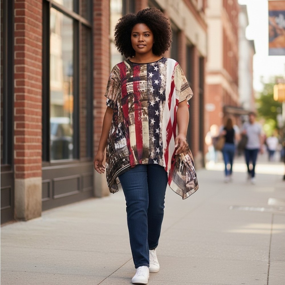 Simply Couture American Flag Cityscape Poncho Top XL Red White Blue Asymmetrical